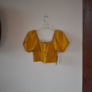 Simply Blessed Women’s Gold Puff Sleeve Cropped Smock Blouse Top Size Large NWT